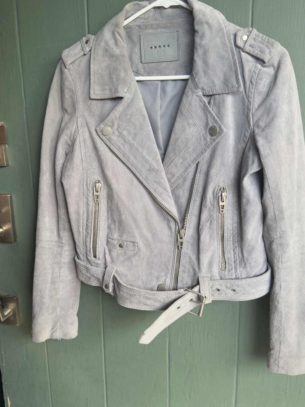 Blank NYC Light Gray Suede Moto Jacket with Belt